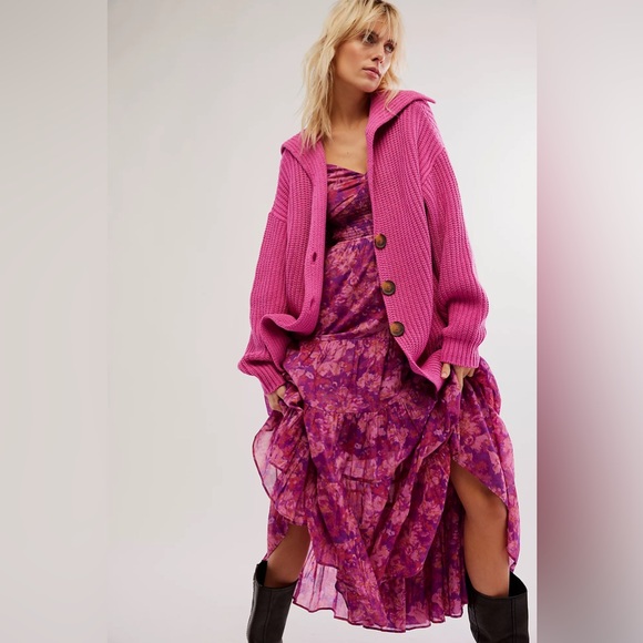 NWOT Free People Swim Too Deep Cardi in Fuschia Flame